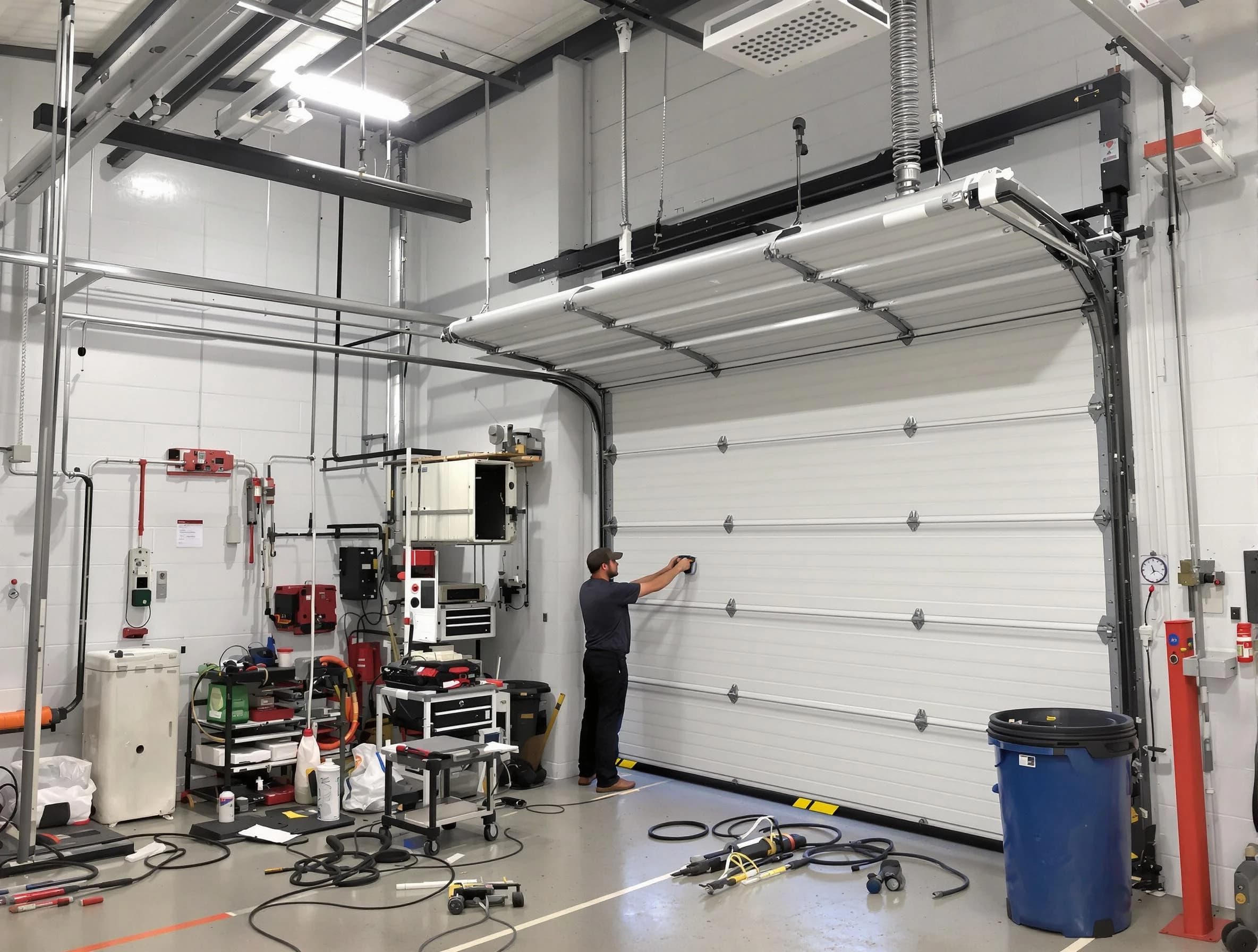 Buford Garage Door Repair certified technician performing commercial door repair at a Buford business facility