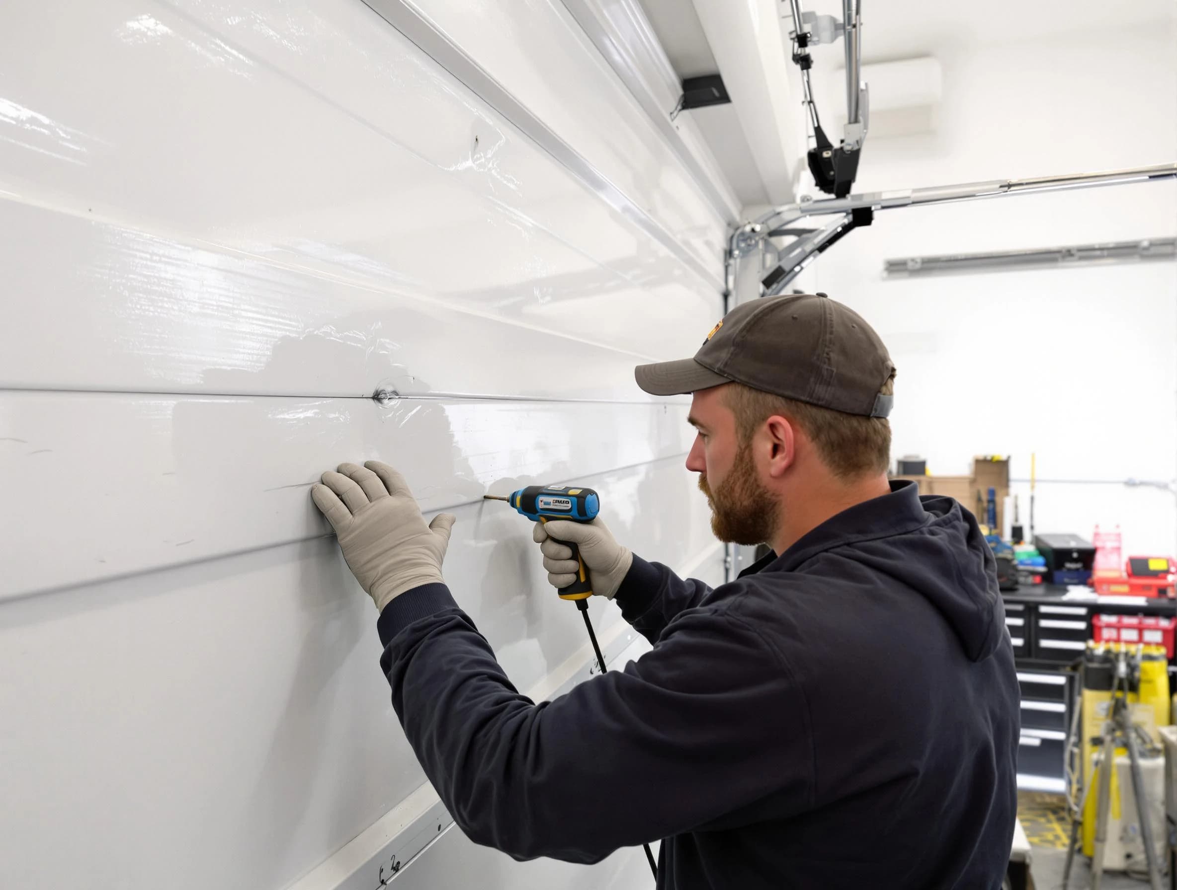 Buford Garage Door Repair technician demonstrating precision dent removal techniques on a Buford garage door